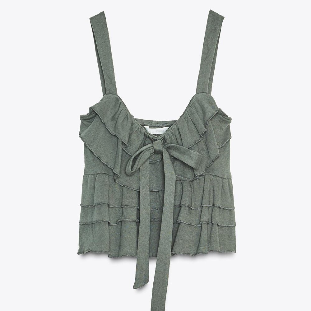 Zara Ruffled Green Bow Top in Cotton Terry Medium NWT